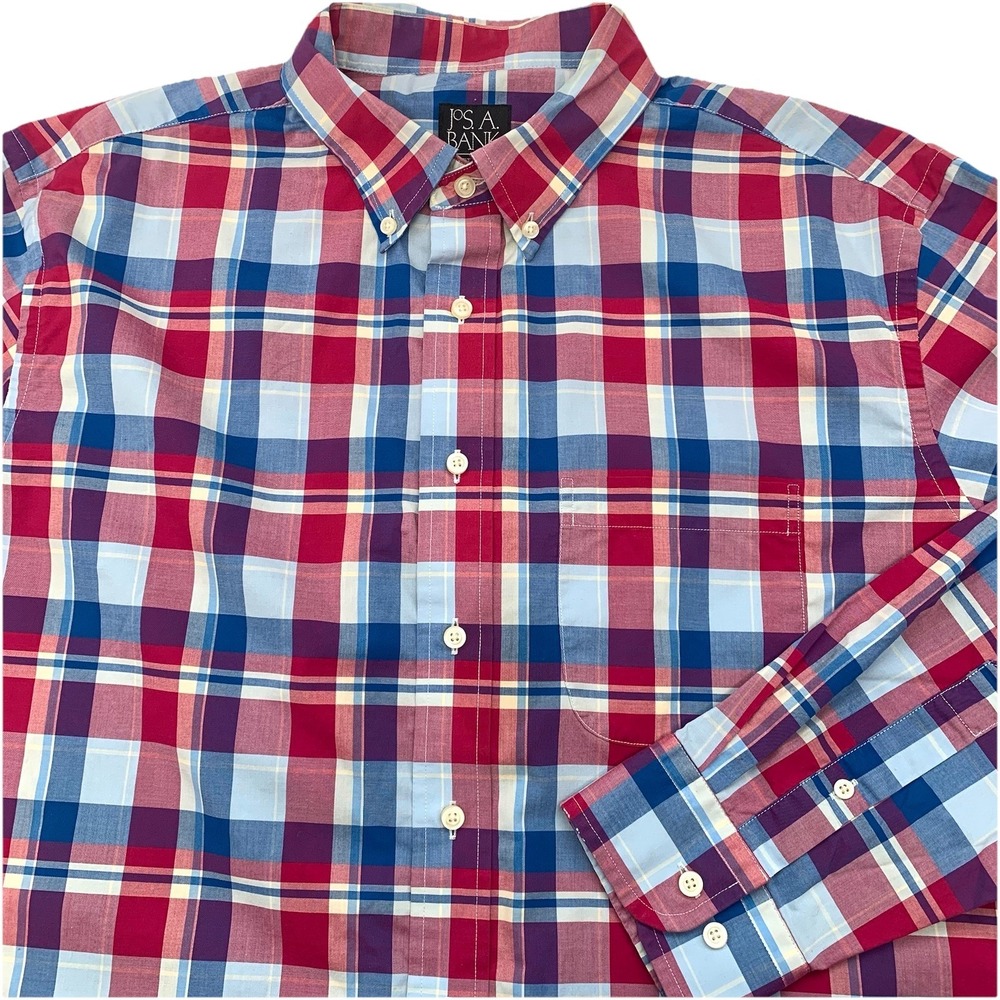 Jos A Banks Plaid Button Down Shirt Men XL Tailored Fit Executive 100% Cotton